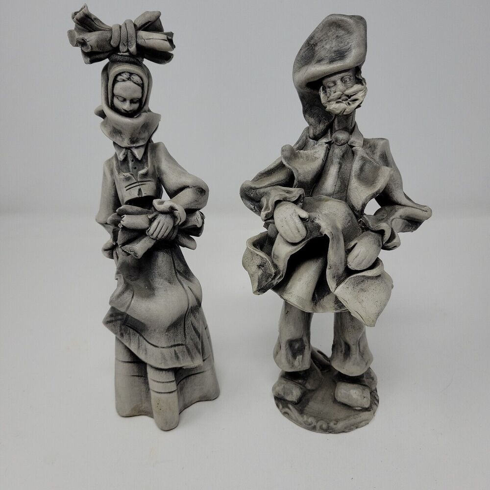 2 Vintage Folk Art Clay Sculptures Pair Man Woman Figurine Carrying Wood 8.5"